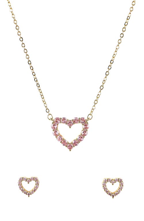 Danecraft Pink Cubic Zirconia Heart Necklace & Stud Earrings Set In Gold