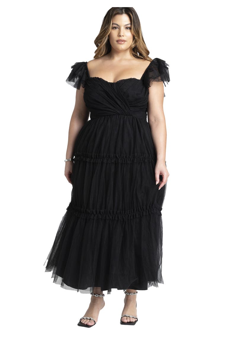 Flutter-Sleeve Tulle Midi Dress, Main, color, BLACK ONYX