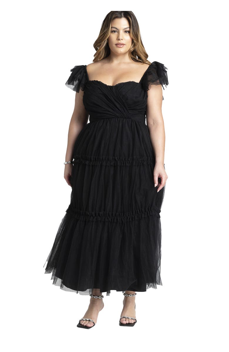 ELOQUII Flutter-Sleeve Tulle Midi Dress, Main, color, Black Onyx