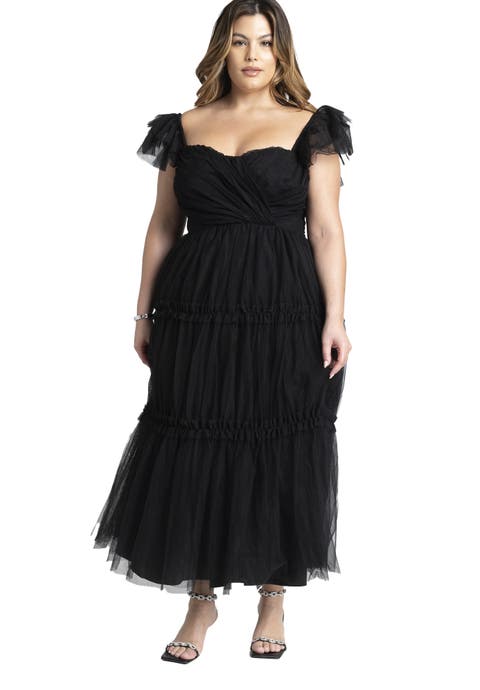 Flutter-Sleeve Tulle Midi Dress (Plus)