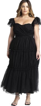 ELOQUII Flutter-Sleeve Tulle Midi Dress