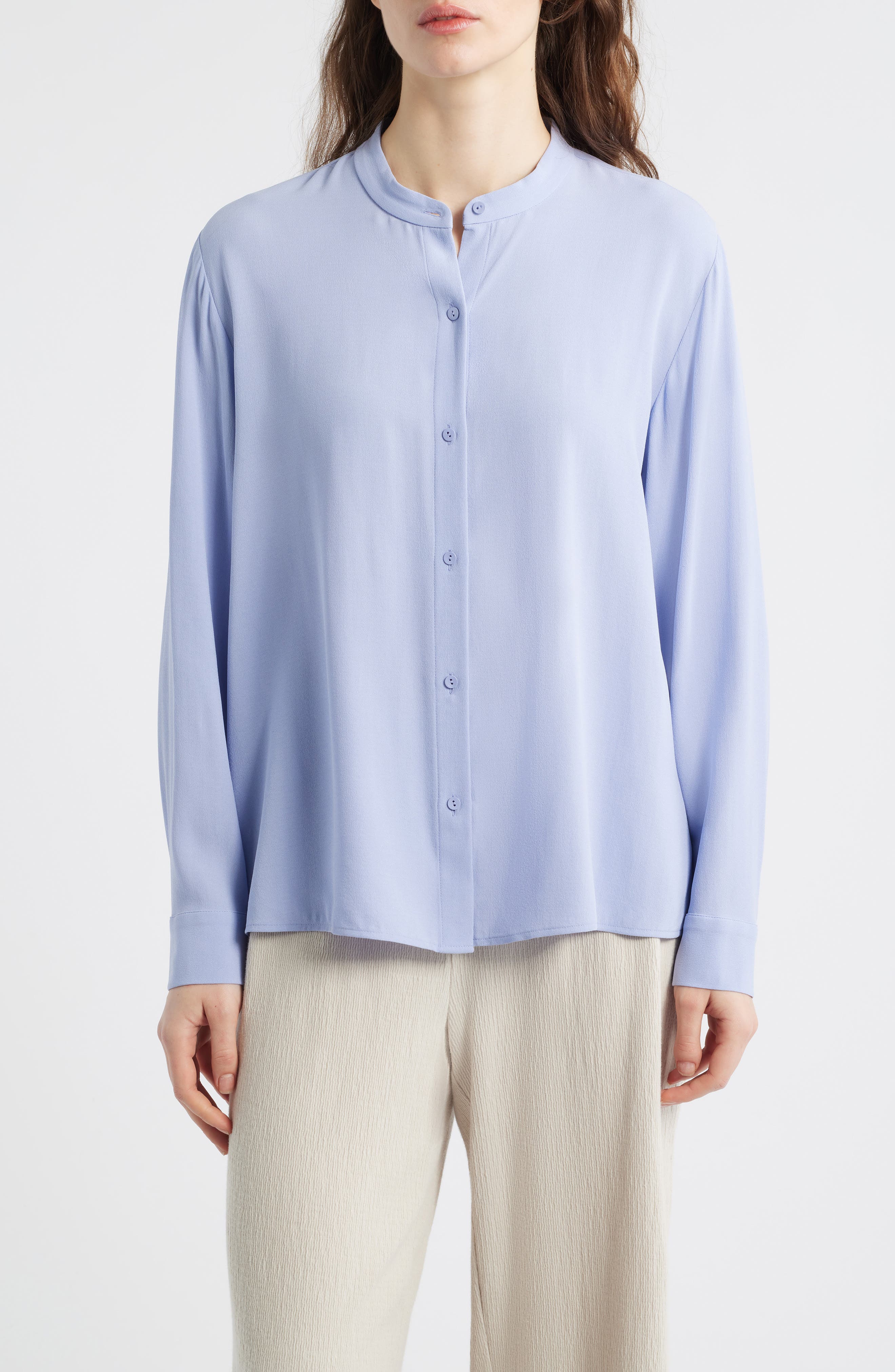 Mandarin Collar Silk Button-Up Shirt