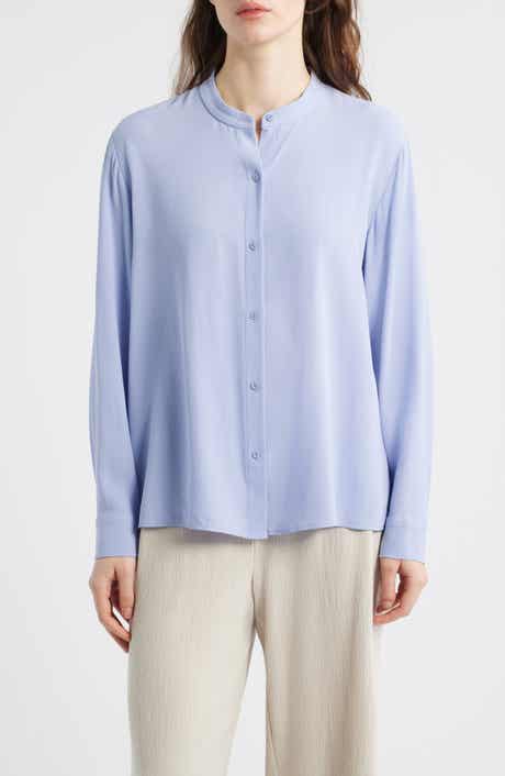 Mandarin Collar Silk Button-Up Shirt