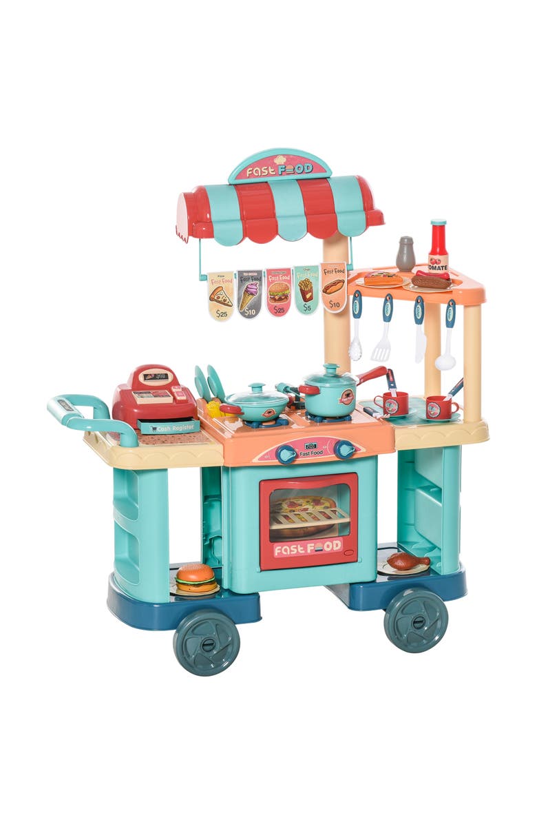 Qaba Kids Kitchen Food Stand with Play Food, Cashier Register, Accessories​, Main, color, Multi-Colored