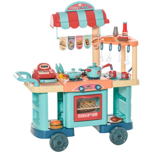 Qaba Kids Kitchen Food Stand with Play Food, Cashier Register, Accessories​ in Multi-Colored 