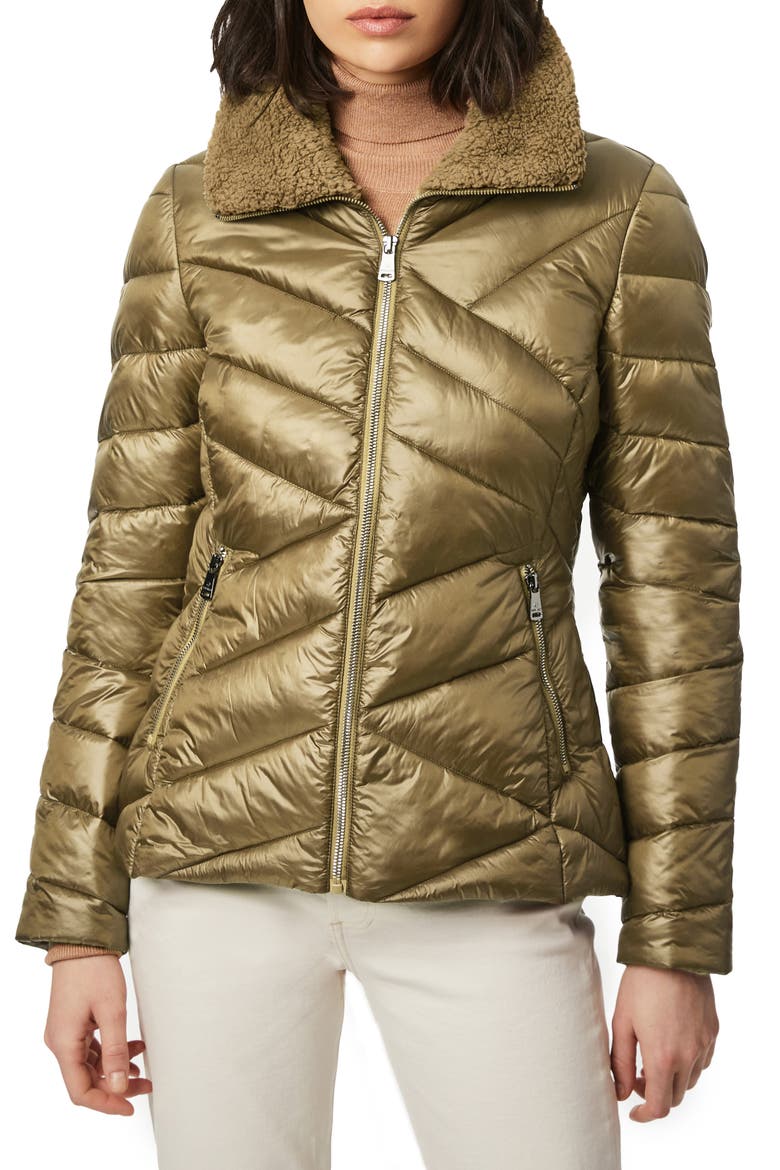 Fleece Trim Quilted Puffer Coat, Main, color, SAGE GREEN