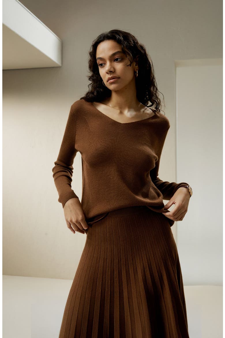 V-neck Ultra-fine Merino Wool Sweater, Alternate, color, Brown