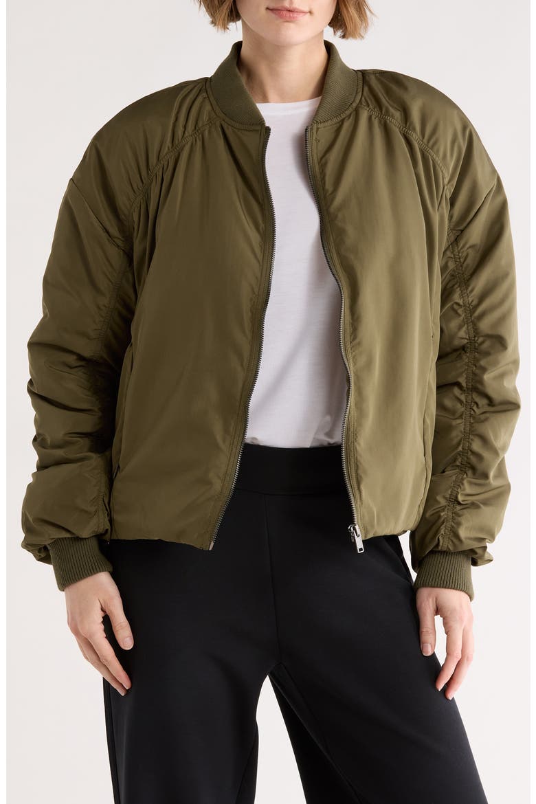 Ruched Sleeve Bomber Jacket, Main, color, OLIVE NIGHT