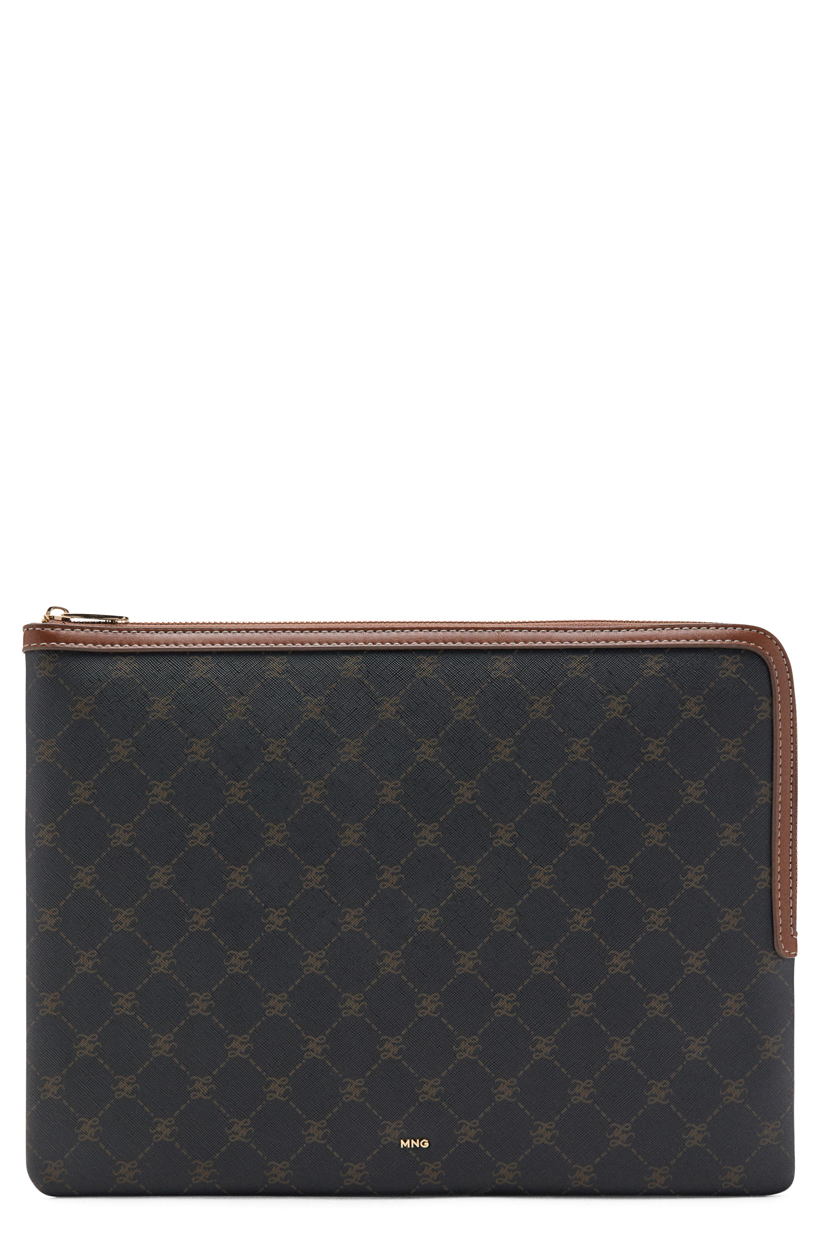 MANGO Monogram Logo Faux Leather Laptop Case, Main, color, Brown