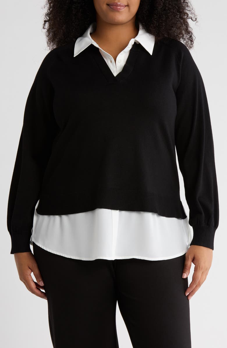 Adrianna Papell V-Neck Twofer Sweater, Main, color, Black/ Ivory