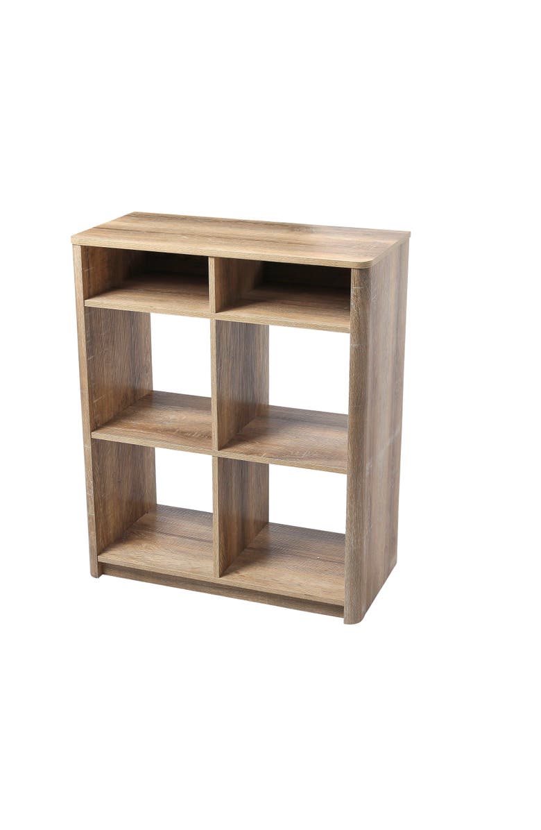 Storied Home Radius Console Table Shelf with 4 Square Cube Storage Compartments, Coastal Oak, Main, color, Brown