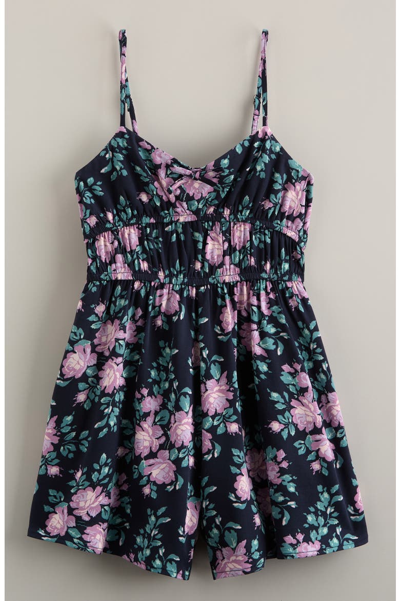 Kids' Bow Front Romper, Main, color, NAVY MEDIEVAL MULTI BOUQUET