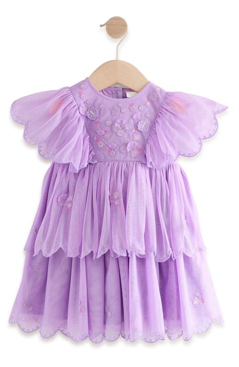 Kids' Floral Embroidered Flutter Sleeve Tulle Party Dress (Little Kid)