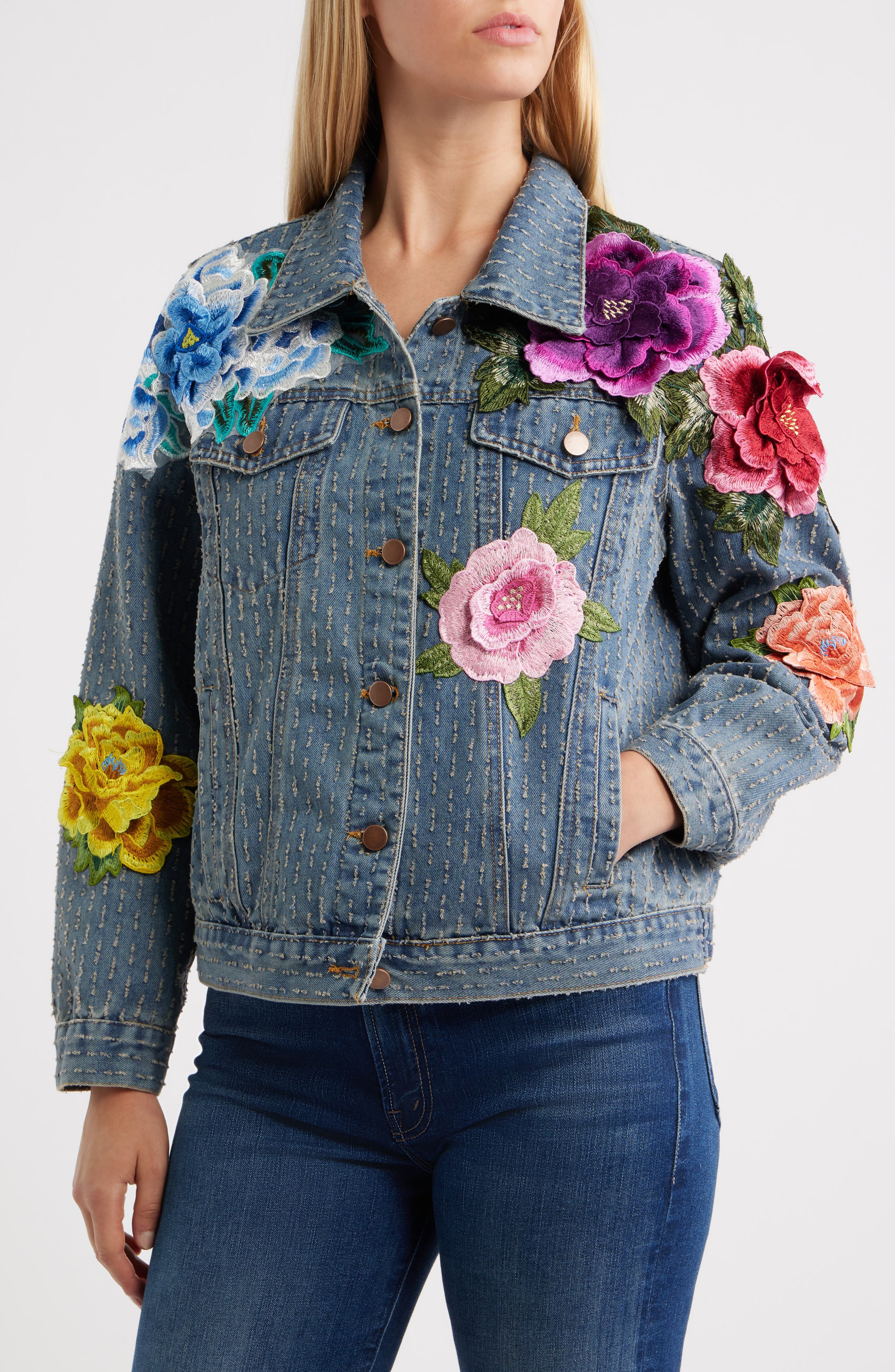 NIKKI LUND Blossom Embroidered Floral Appliqué Denim Trucker