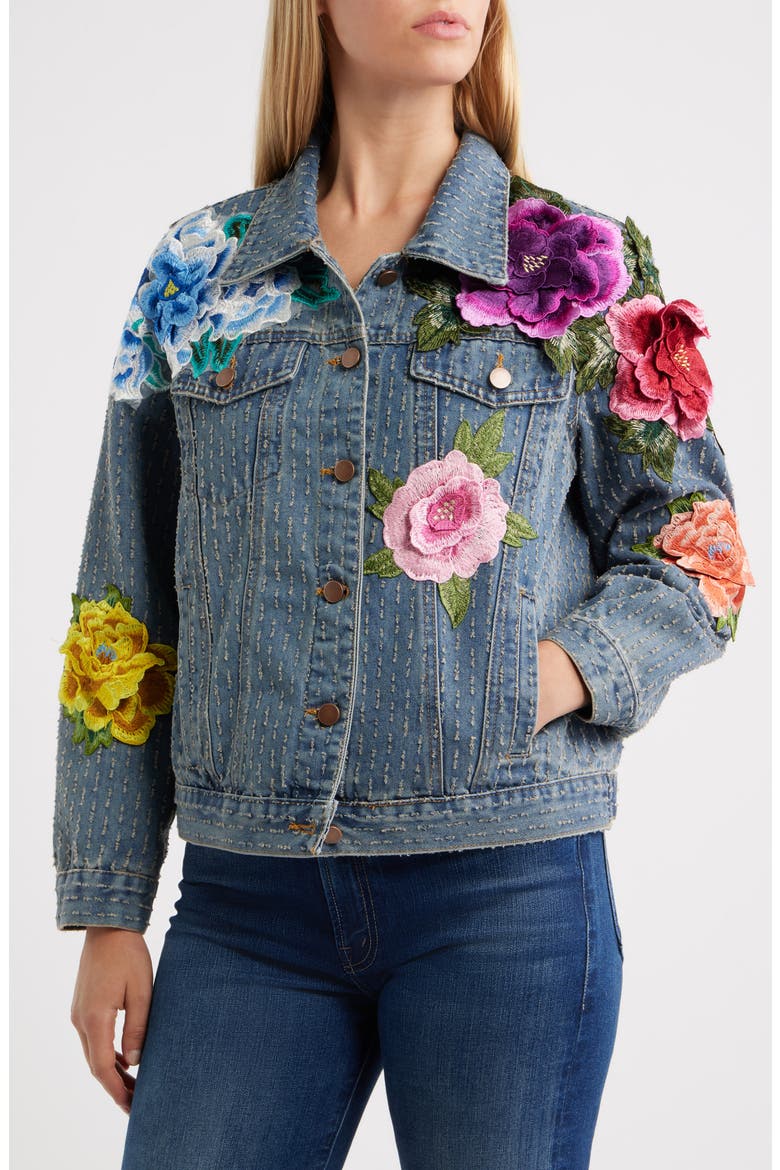 Blossom Embroidered Floral Appliqué Denim Trucker Jacket, Alternate, color, DARK BLUE