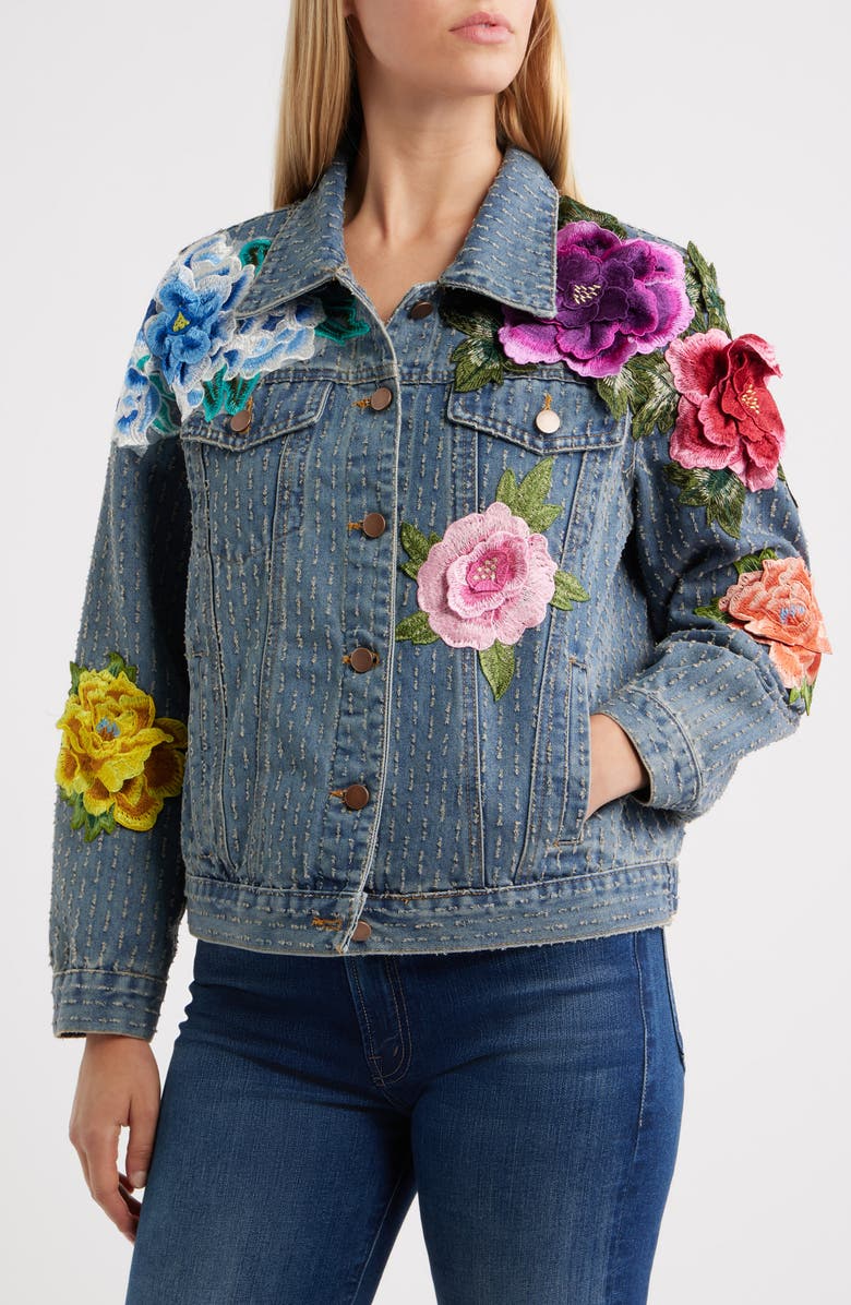 NIKKI LUND Blossom Embroidered Floral Appliqué Denim Trucker Jacket, Alternate, color, Dark Blue