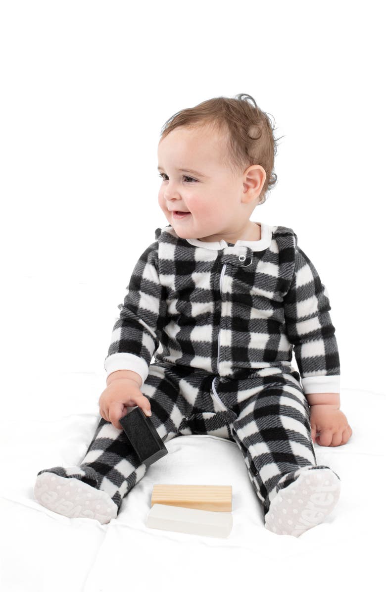 Leveret Footed Fleece Printed Holiday Pajamas, Alternate, color, Plaid Black & White