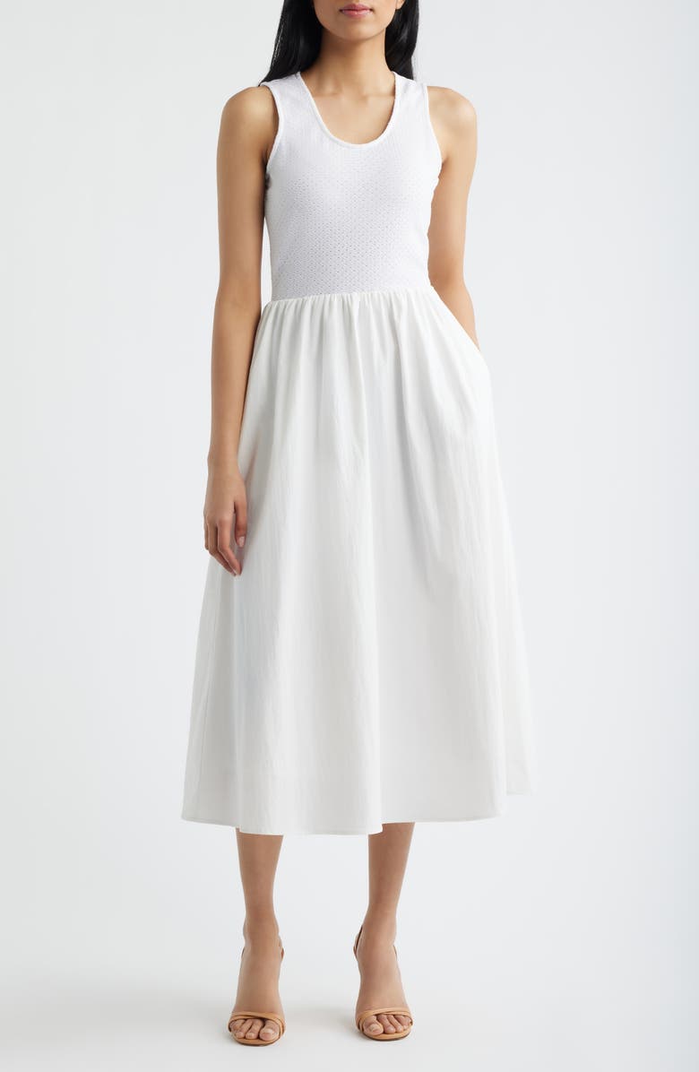 Bernardo Mixed Media Midi Dress, Main, color, Bright White