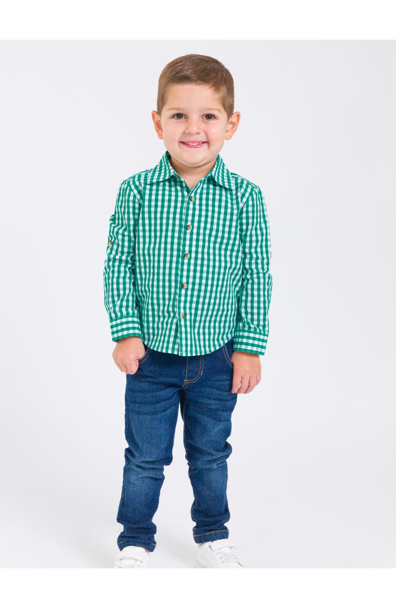 RuggedButts Boys Long Sleeve Button Down Shirt, Alternate, color, Classic Emerald Green Gingham