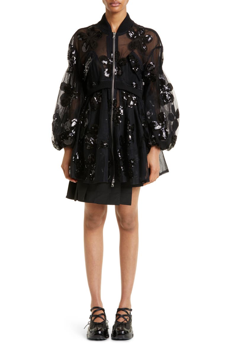 Sequin Daisy Puff Sleeve Sheer Tulle Bomber Jacket, Alternate, color, BLACK/ BLACK