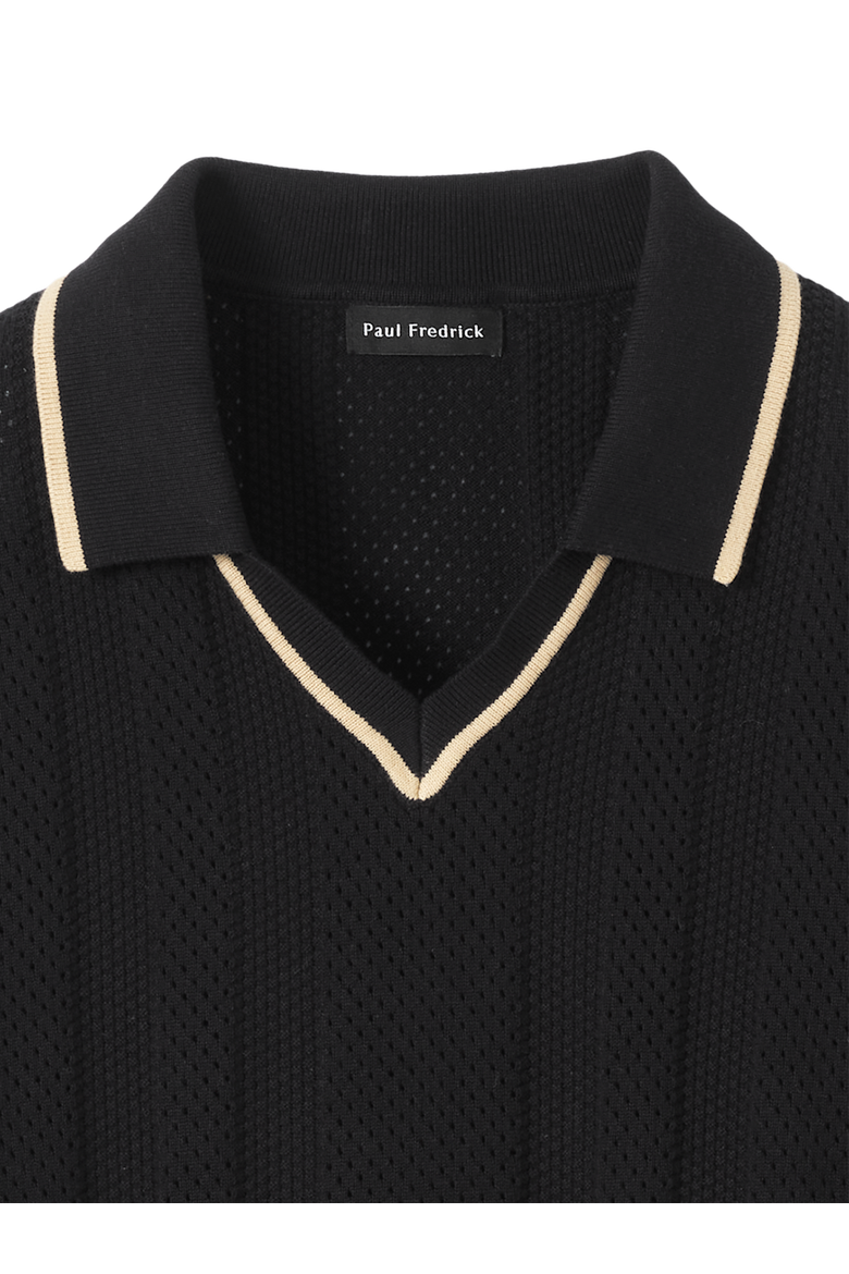 Cotton Crochet V-neck Polo, Alternate, color, Black