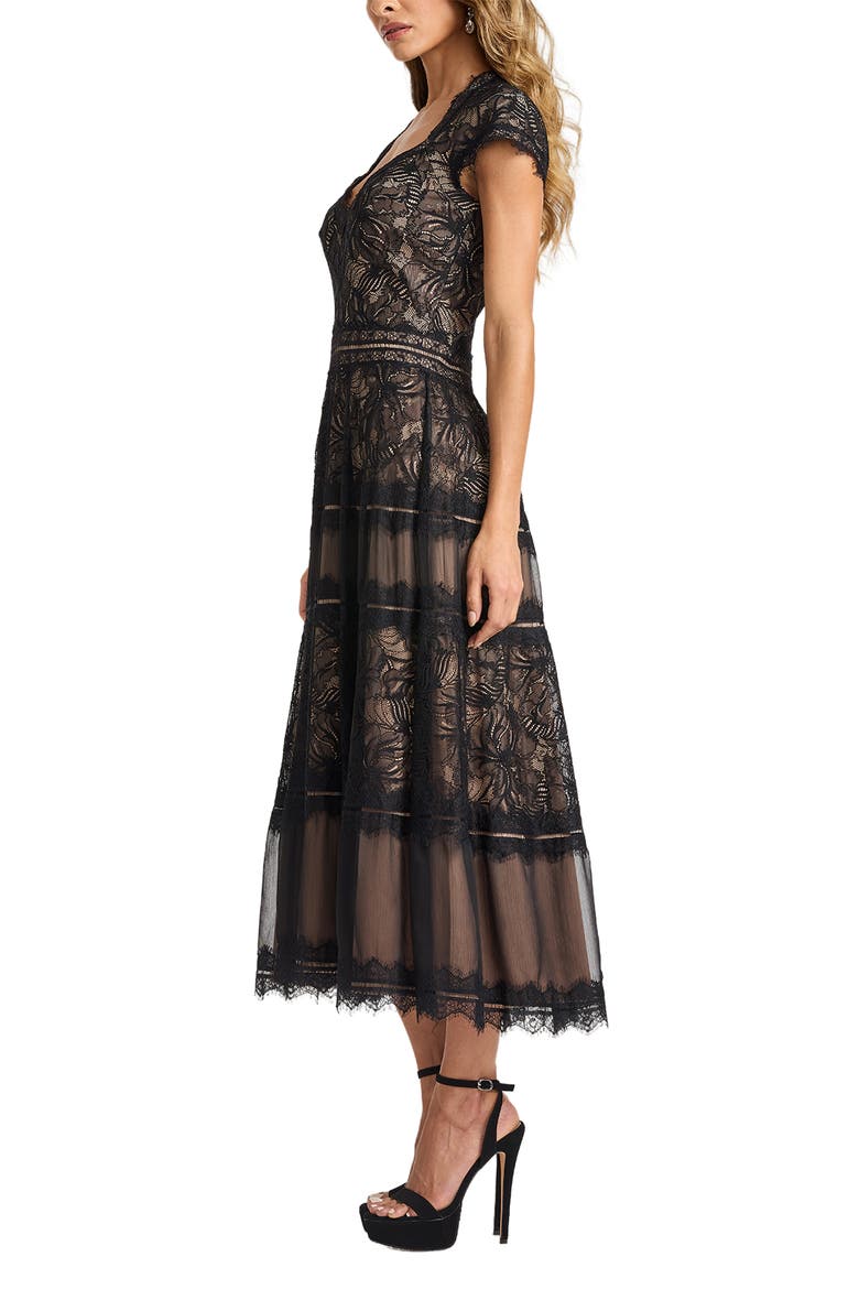 Lace V-Neck Midi Dress, Alternate, color, BLACK/ NUDE