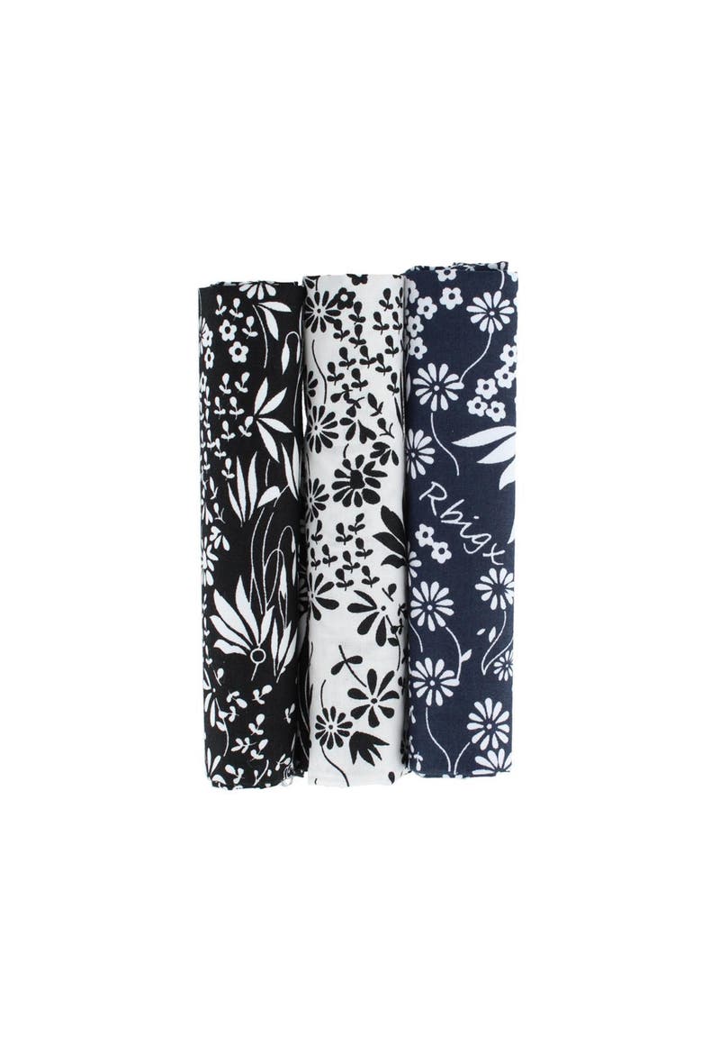 Ezra'a Stately Floral 3 Pack Cotton Handkerchiefs, Main, color, Black, White, Navy Blue