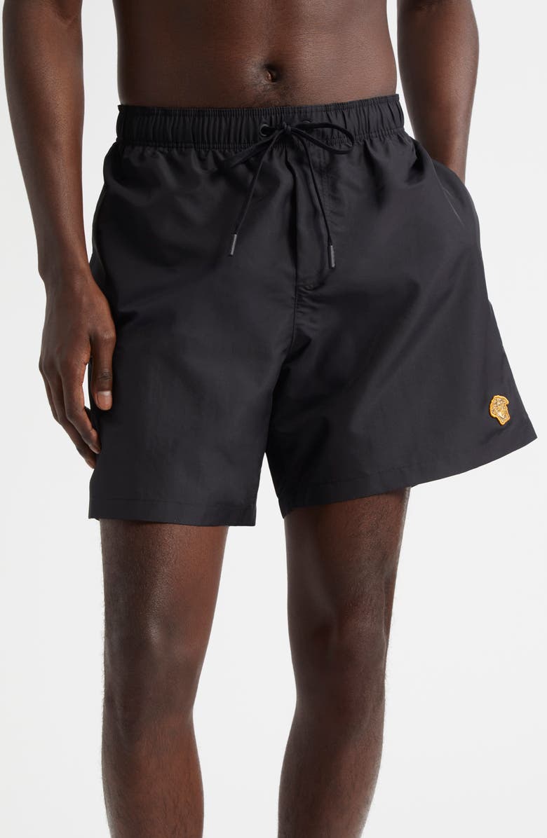 Versace Embroidered Medusa Swim Trunks, Main, color, Black