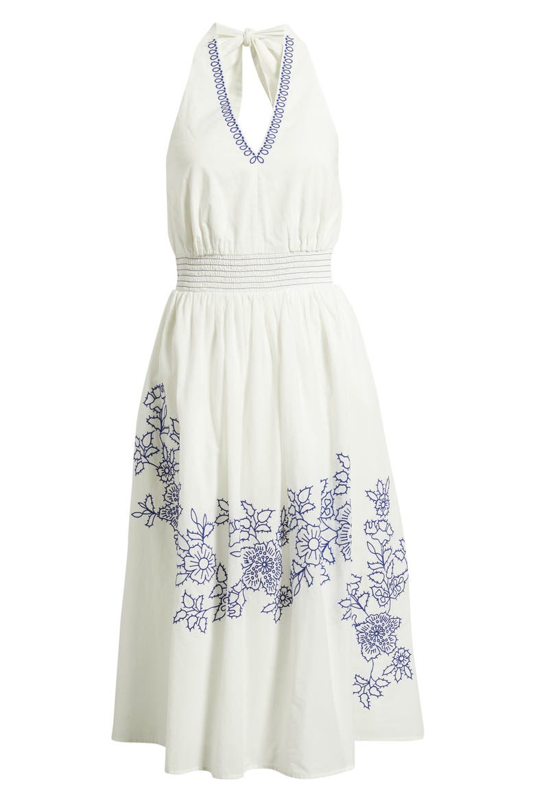 Placed Embroidery Halter Neck Cotton Midi Dress, Alternate, color, IVORY BLUE