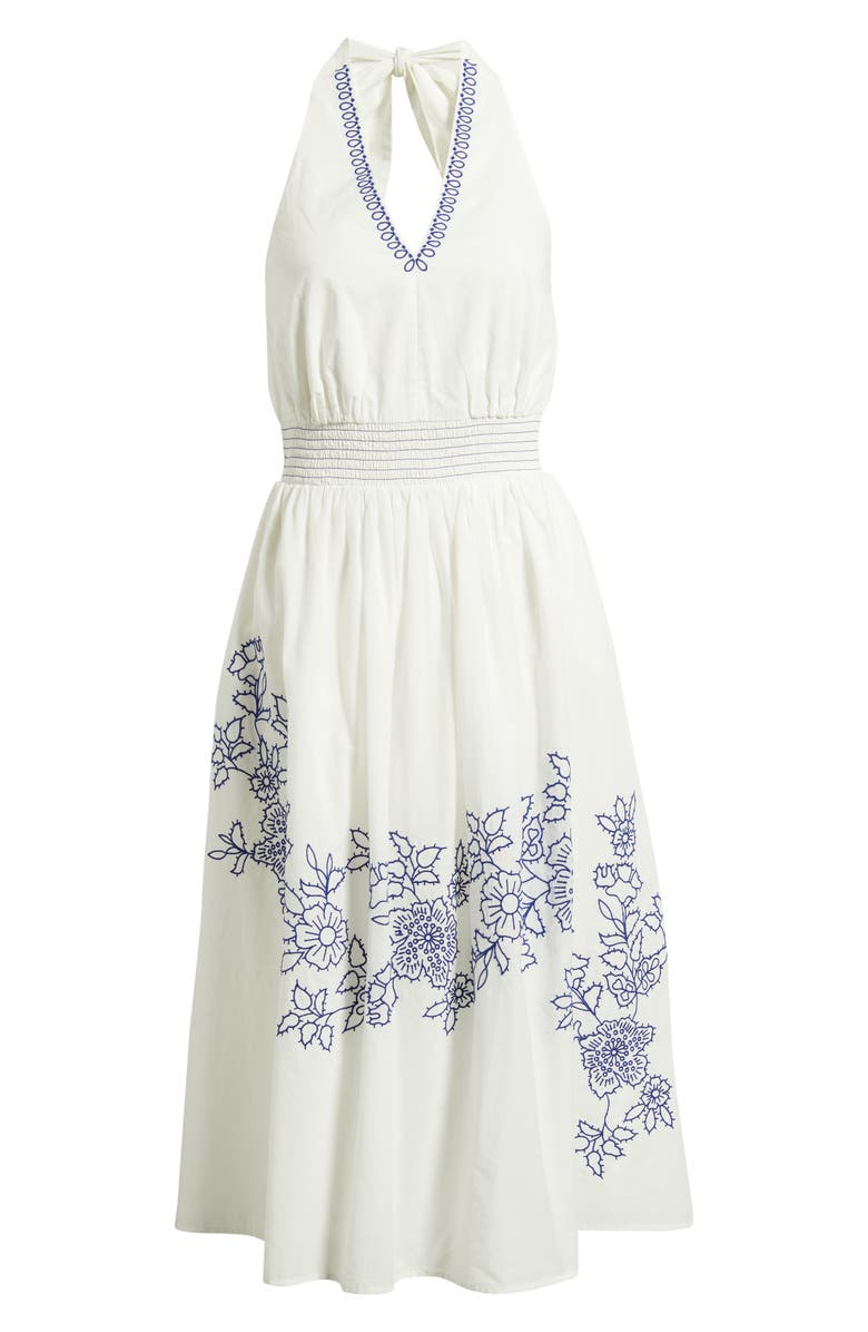 Eliza J Placed Embroidery Halter Neck Cotton Midi Dress, Alternate, color, Ivory Blue