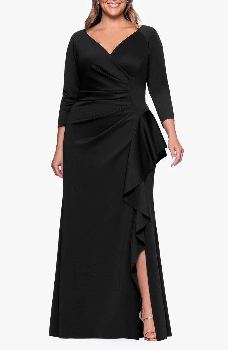 Xscape Evenings Ruched Scuba Knit Ruffle Gown, Main, color, Black
