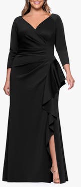 Xscape Evenings Ruched Scuba Knit Ruffle Gown
