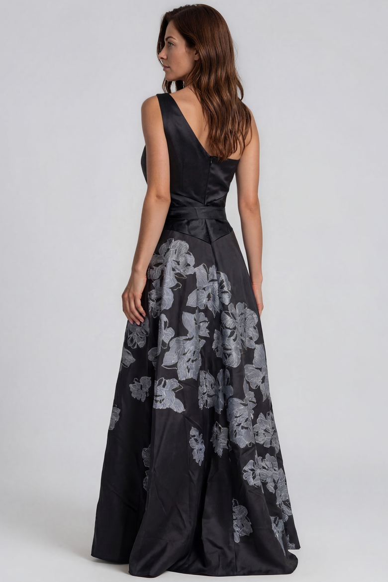 One Shoulder Floral Boarder Print Mikado A-Line Gown, Alternate, color, Black