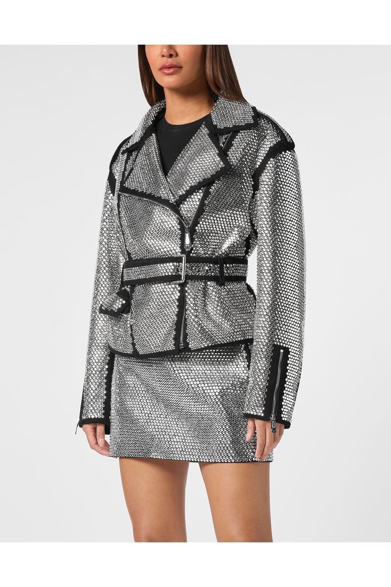 Oversized Biker Jacket Crystal Women, Main, color, crystal