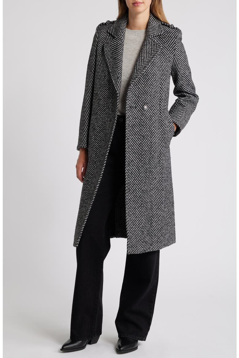 Chevron Tie Waist Coat, Alternate, color, BLACK/ WHITE HERRINGBONE