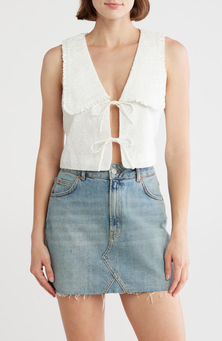 Lush Collar Eyelet Front Tie Top, Main, color, White