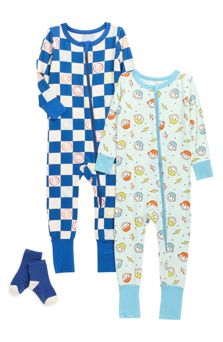 SLEEP ON IT 2-Pack Smiley Print Stretch Viscose Convertible Coverall with Socks, Main, color, Navy