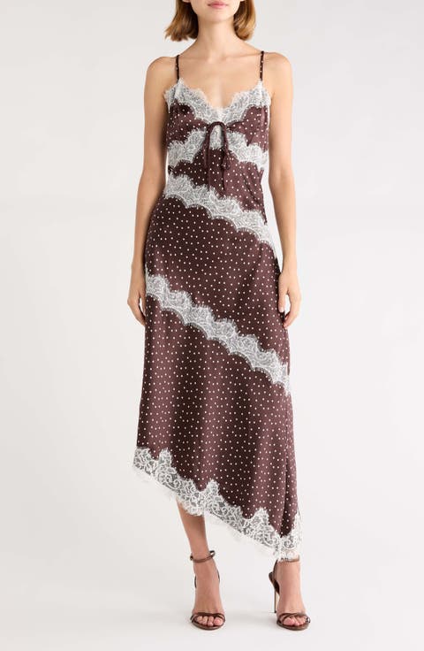 Lace Trim Satin Asymmetric Midi Dress
