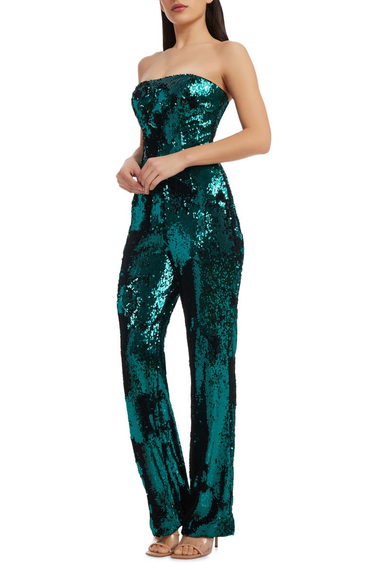 Andy Sequin Strapless Jumpsuit, Alternate, color, DEEP EMERALD