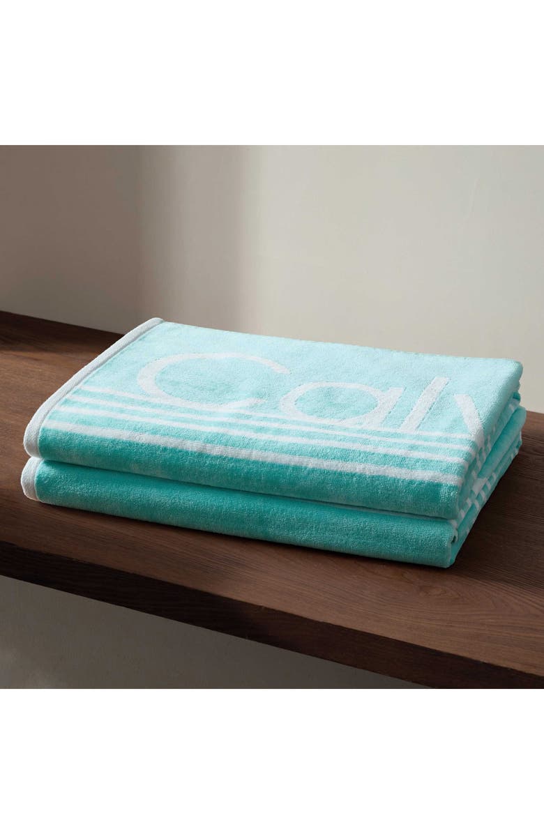 Calvin Klein Pinstripe Logo Beach Towel, Alternate, color, Water Ballet/White
