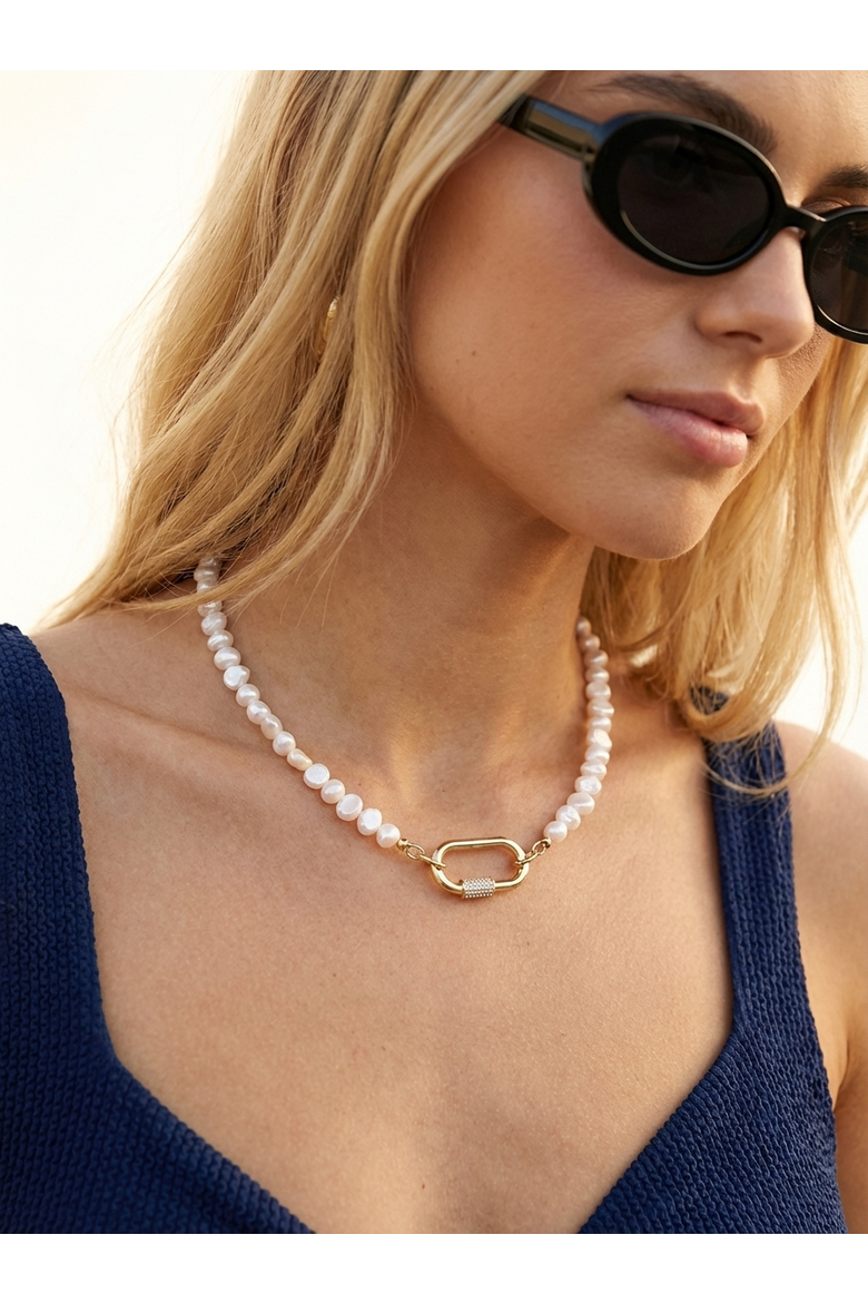 Freshwater Pearl Carabiner Clasp Gold Necklace, Alternate, color, 18K Gold Plated