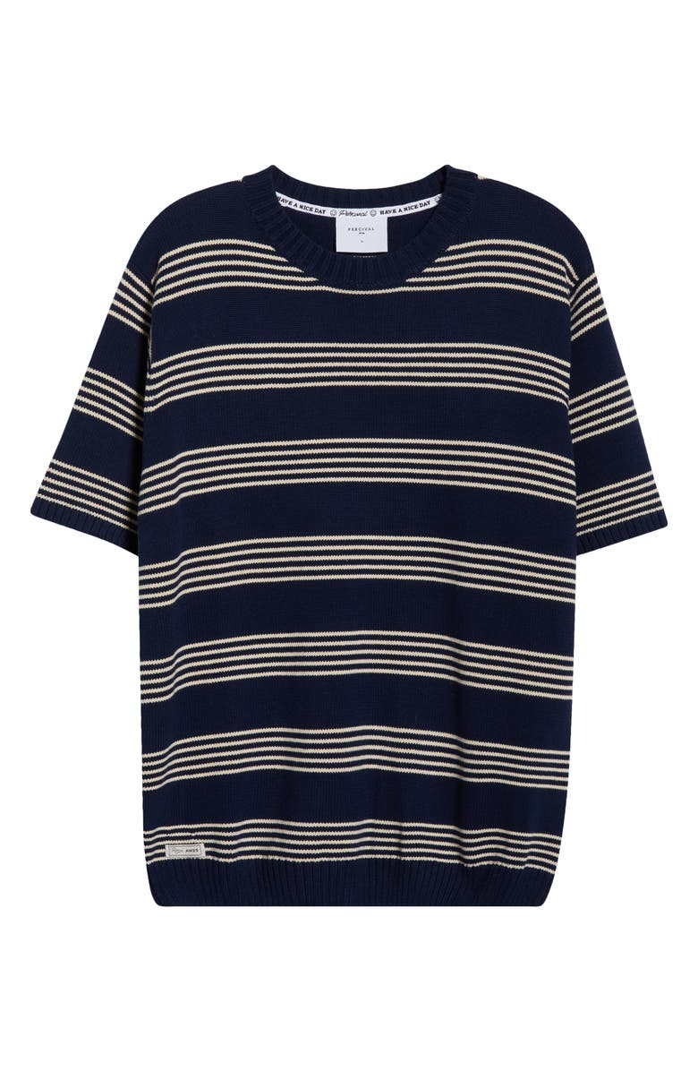 Percival Fiction Stripe Short Sleeve Cotton Crewneck Sweater, Alternate, color, Navy