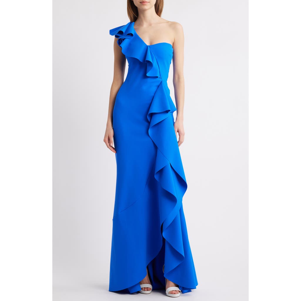 Shop Chiara Boni La Petite Robe Kafu Ruffle One-shoulder Mermaid Gown In Blue Klein