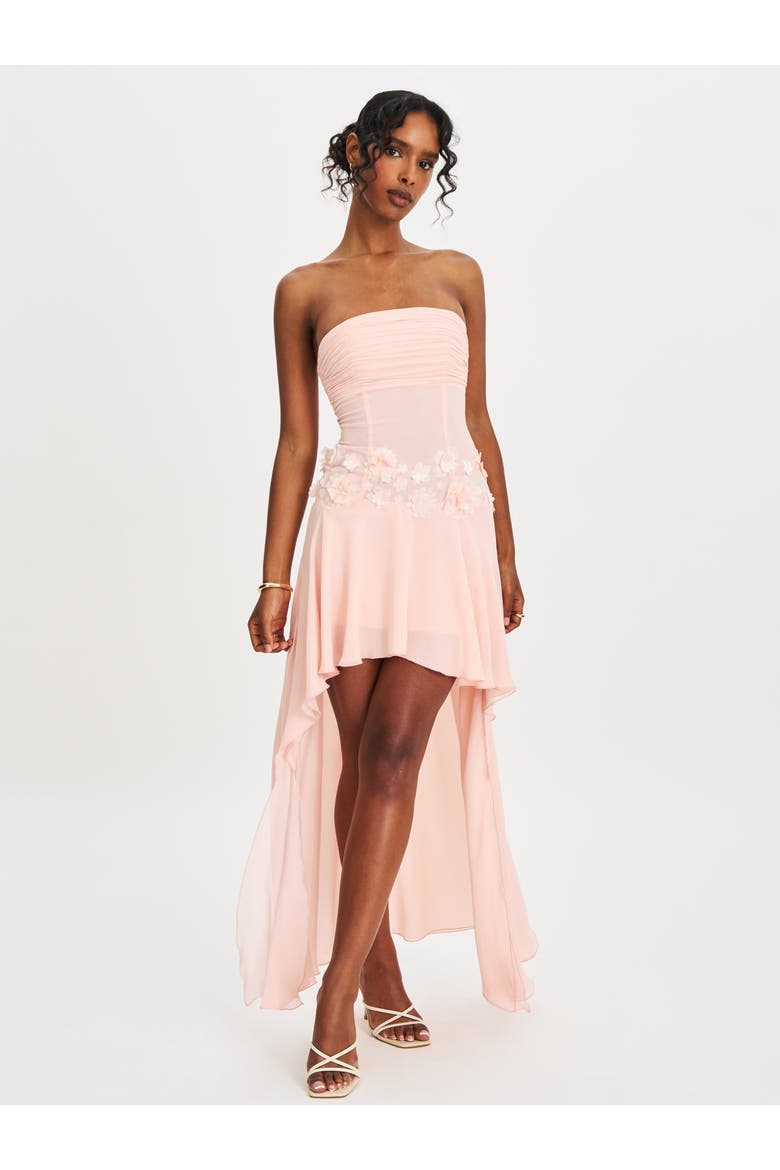 Mae Ruched Breast Appliqué Trim Trailing Dress, Alternate, color, Baby pink chiffon