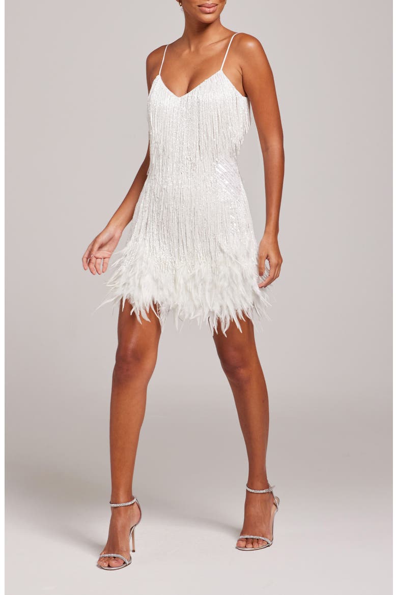 Lottie Fringe Feather Minidress, Alternate, color, WHITE