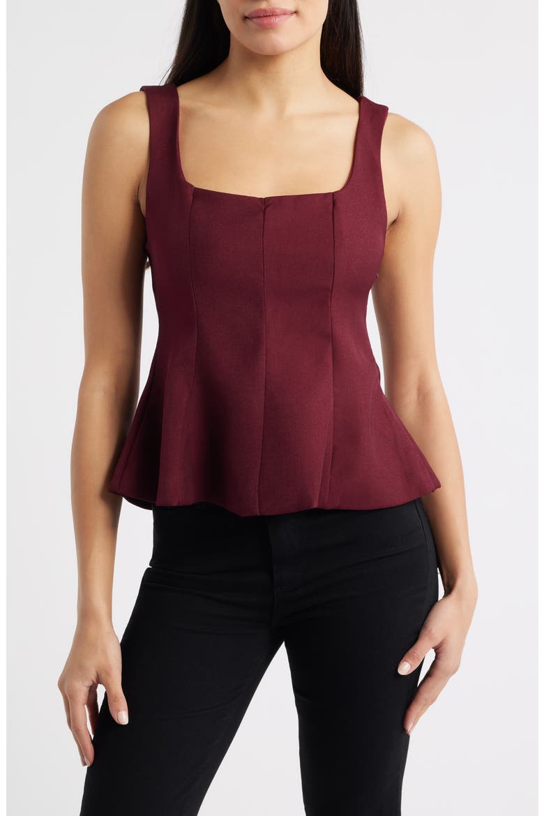 Maron Square Neck Sleeveless Peplum Top, Main, color, BURGUNDY