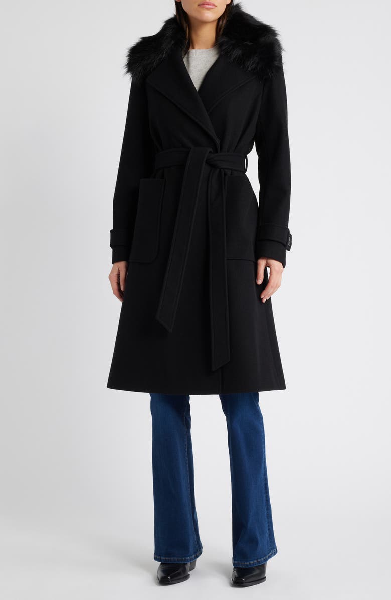 BCBG Max Azria Belted Coat with Removable Faux Fur Collar, Main, color,