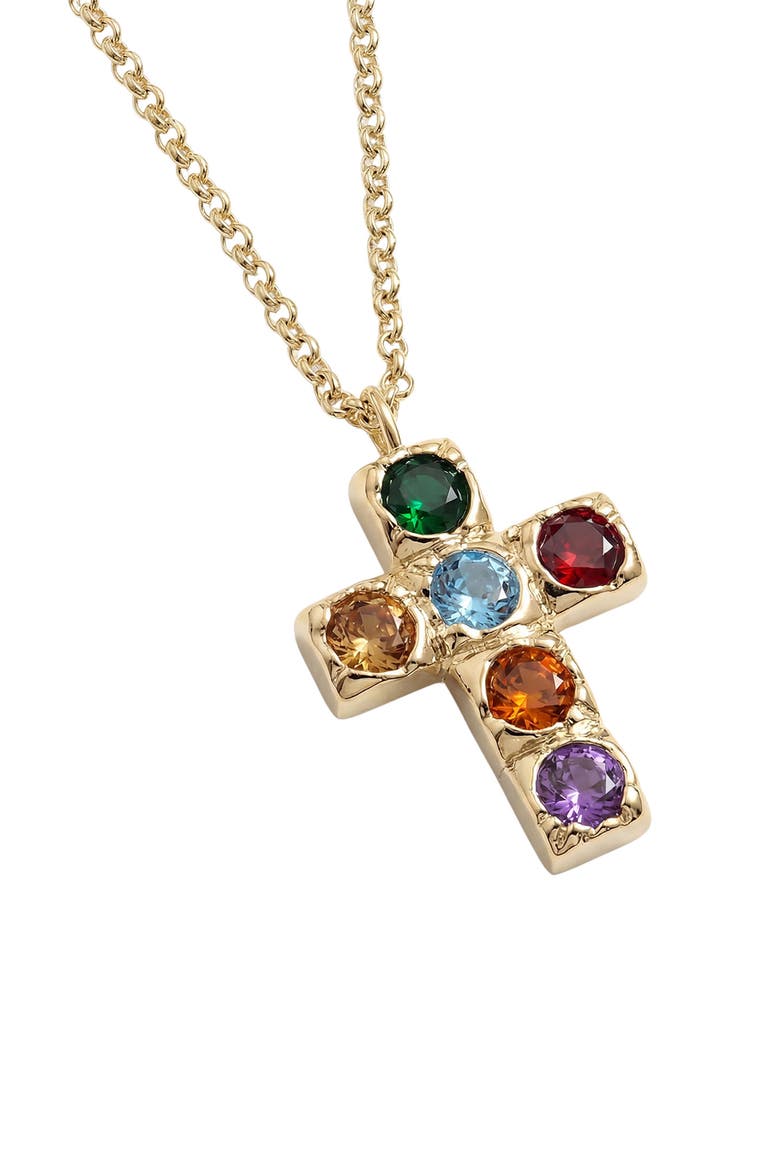 Multicolor Bezel Cross Pendant Necklace, Main, color, GOLD
