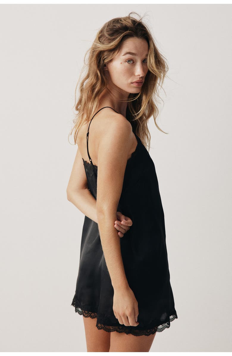 H&M Lace-trimmed Satin Nightslip, Alternate, color, Black