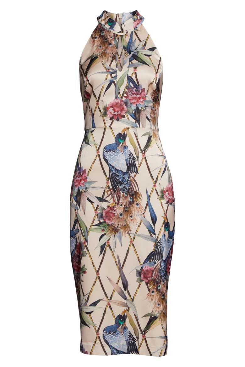 Peacock Halter Sheath Dress, Alternate, color, PEACH COMBO